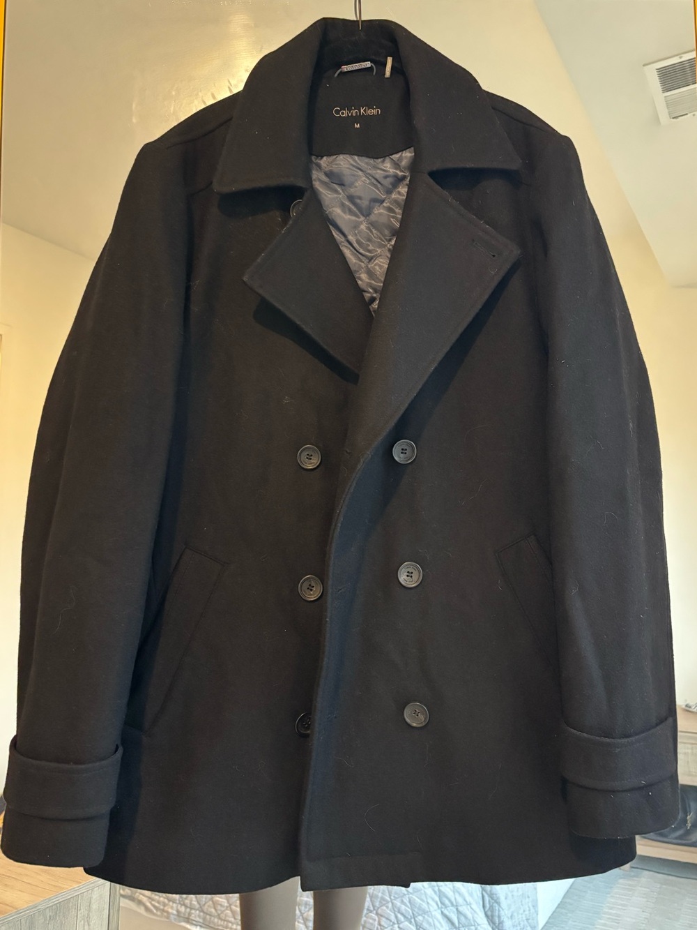 Calvin Klein Men's Black Wool Double-Breasted Peacoat